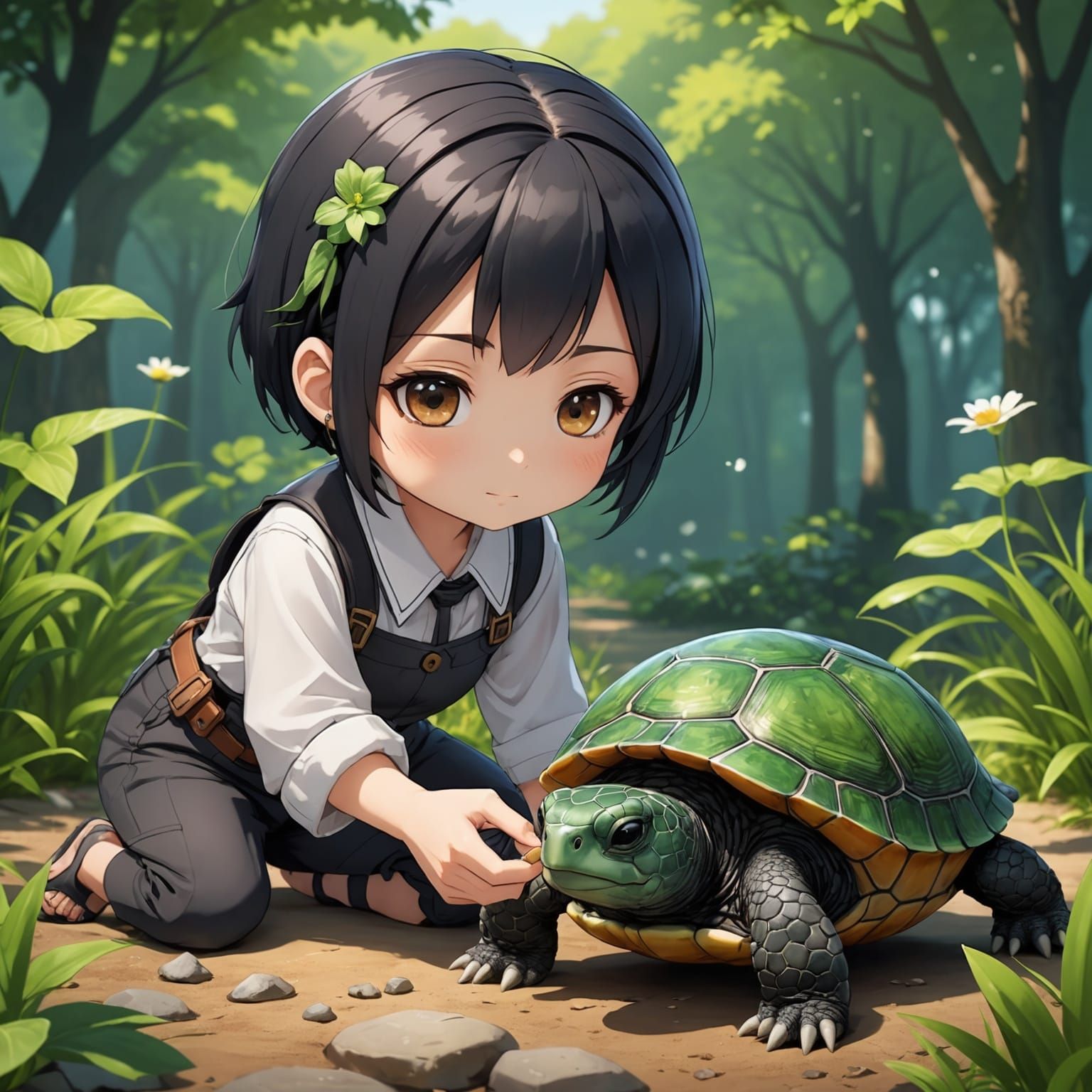 Anime Girl Petting Turtle in Chibi Style