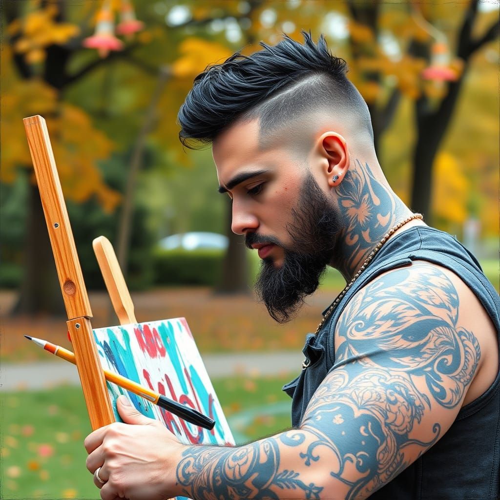 Man Paints in Park: Neo-Impressionist Oil Painting