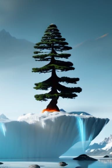 Giant Leaf Bonsai Tree on Ice Mountain in Fantasy Art