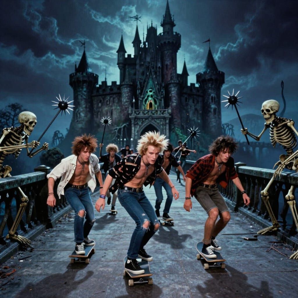 80s Punk Dudes Escape Castle on Skateboards