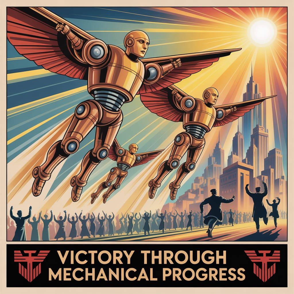 Futuristic Mechanical Robots Soaring Over Utopian Cityscape