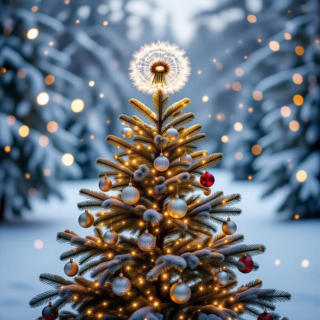 Christmas Tree with Dandelion Topper in Winter Wonderland