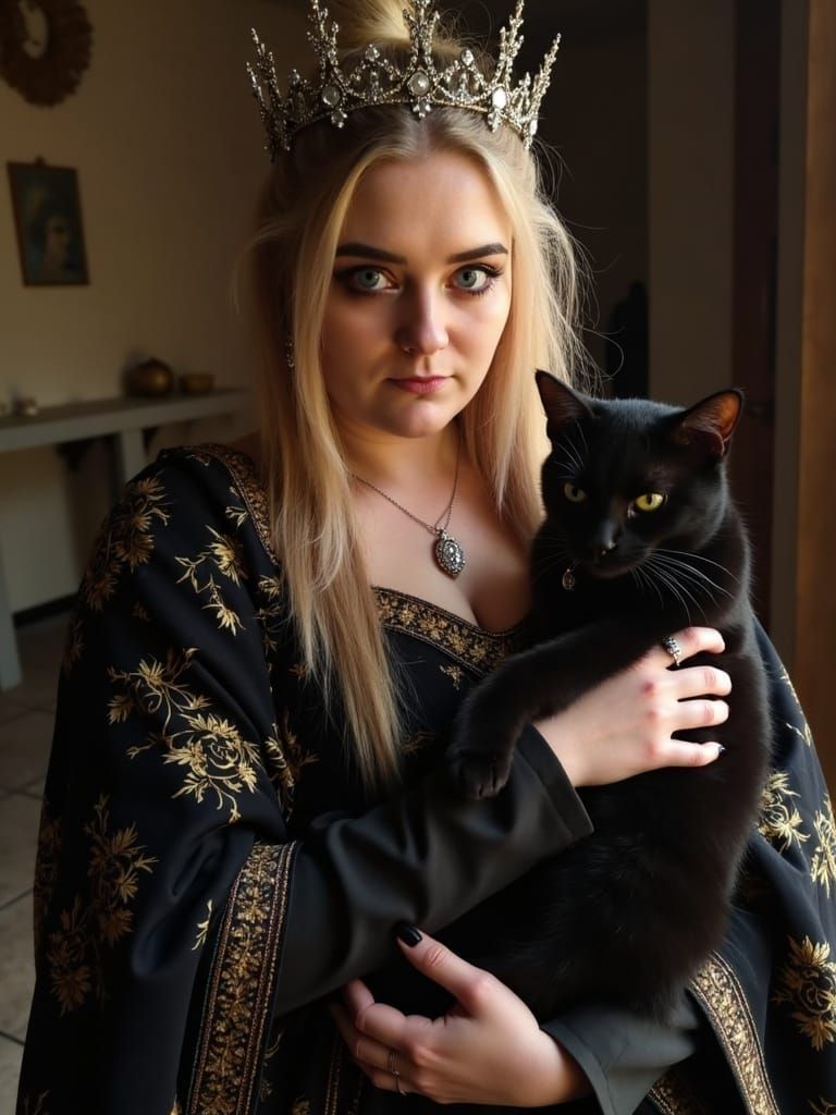 Medieval Queen Holding a Black Cat in Hyper Realistic Portra...