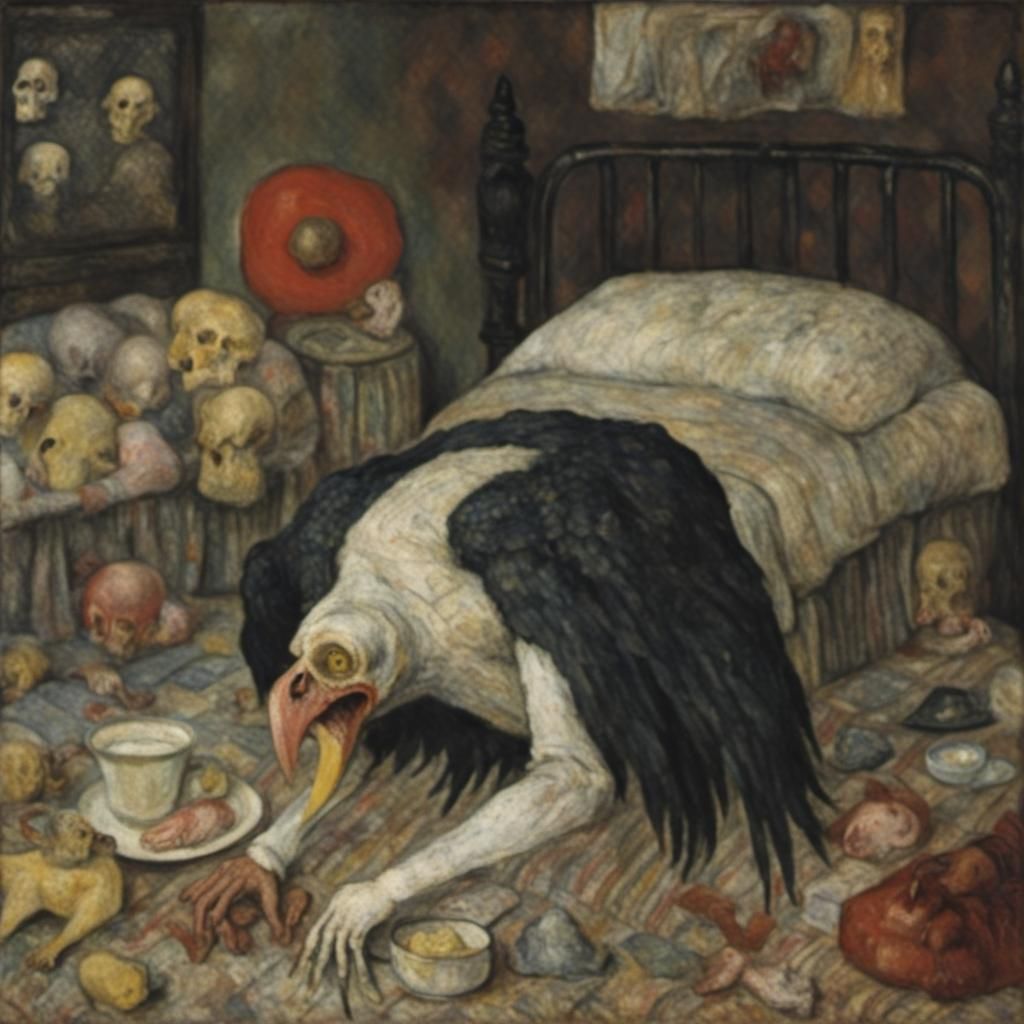 Vultures Pecking Ghoul in Eerie Quilted Scene