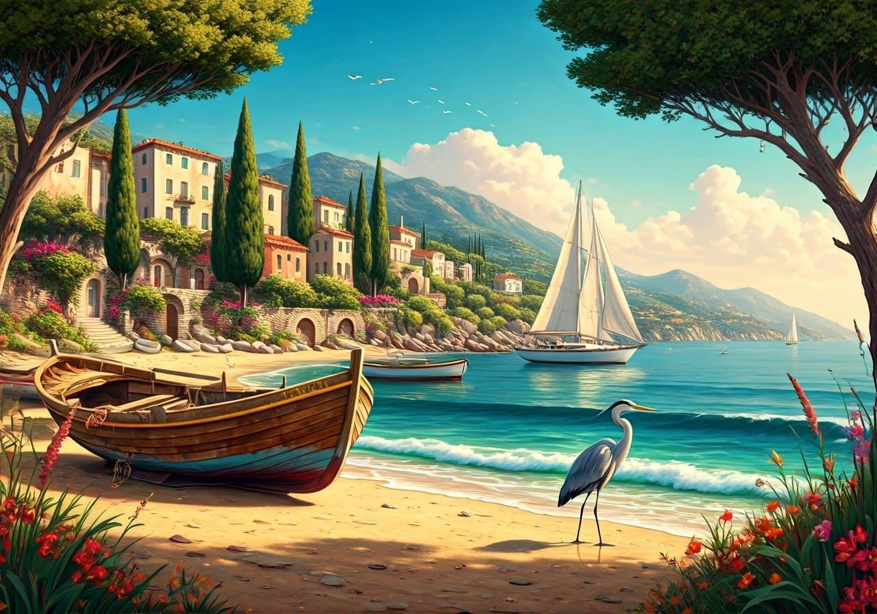 Coastal Scene with Sailboats in Dreamlike Style