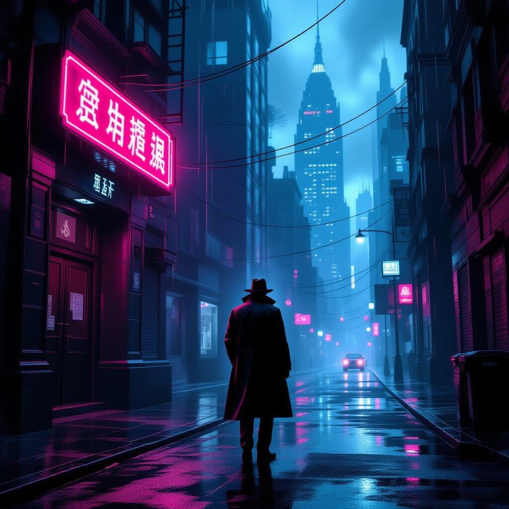 Detective in Neon Noir Cityscape