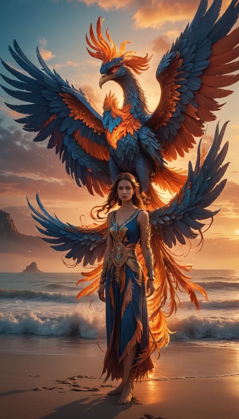 Woman and Phoenix on Beach: Digital Matte Painting