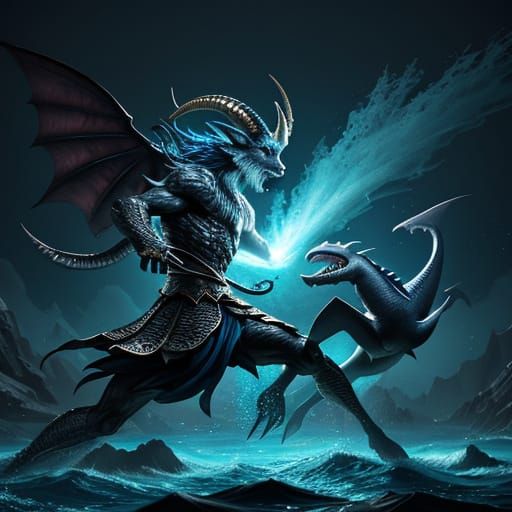 Mythical Goat-Shark Hybrid Creature Fight Illustration