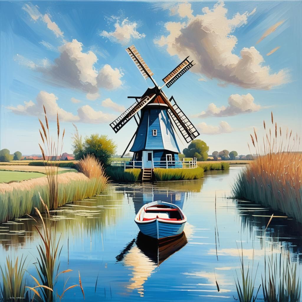 Norfolk Broads Landscape Painting in Lowry Style