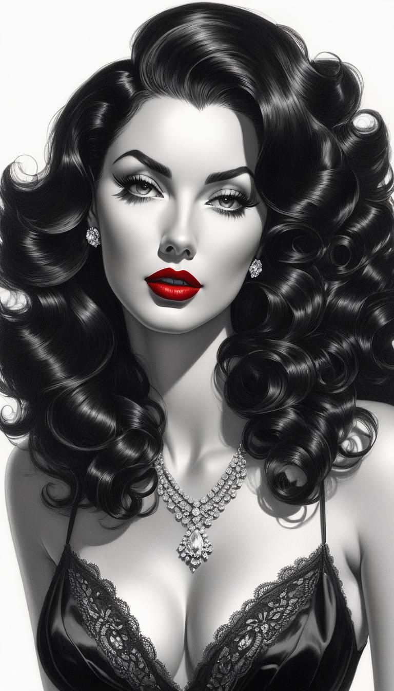 Glamorous 50s Society Girl in Graphite Drawing