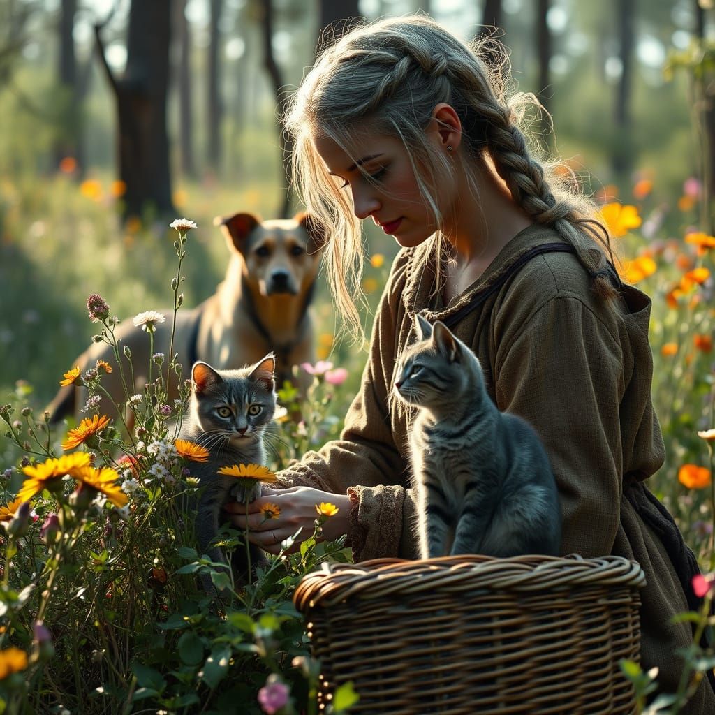 Old Herbalist Tending Wildflowers in Forest Clearing