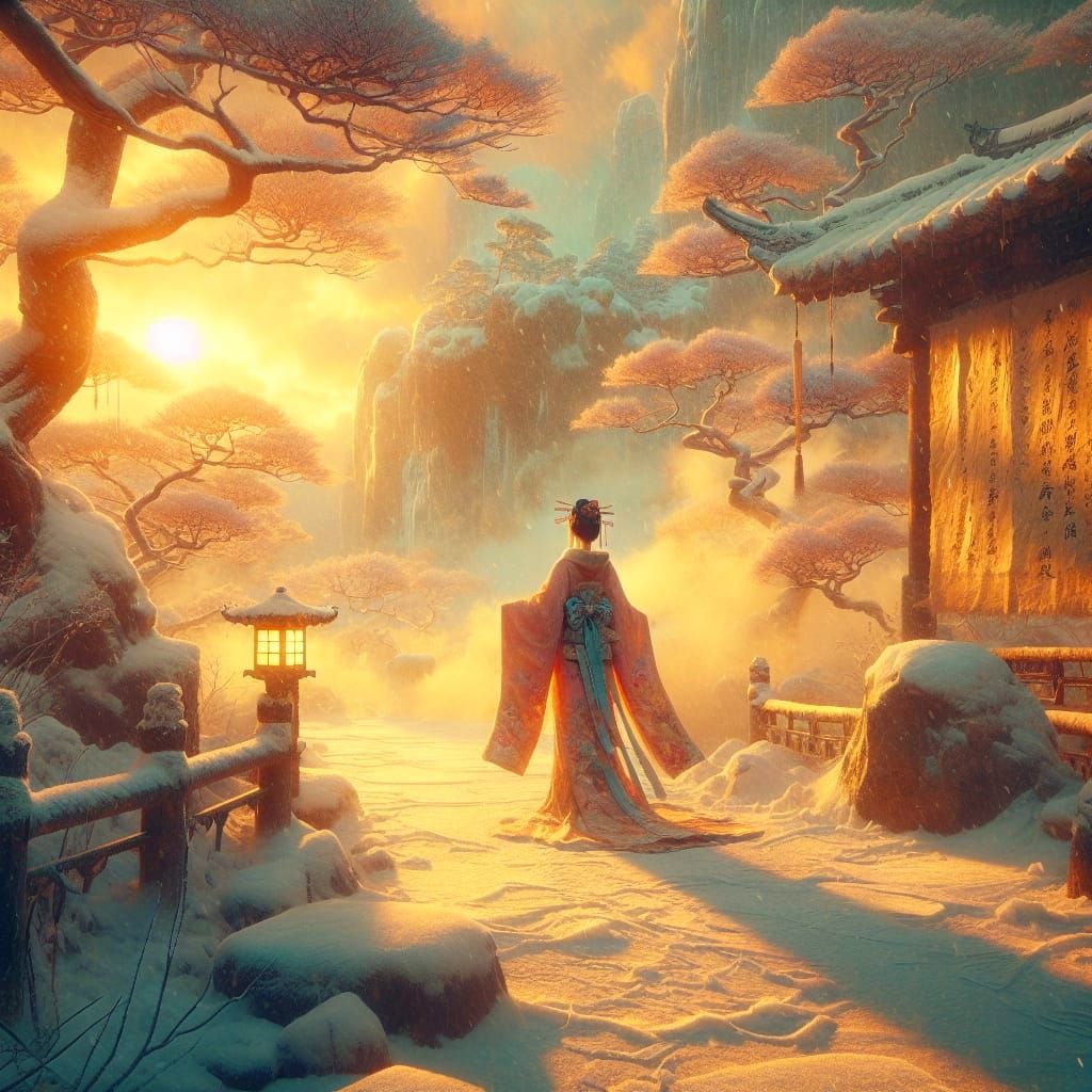 Golden Sunrise: Dreamy Geisha in Snowy Chinese Fantasy