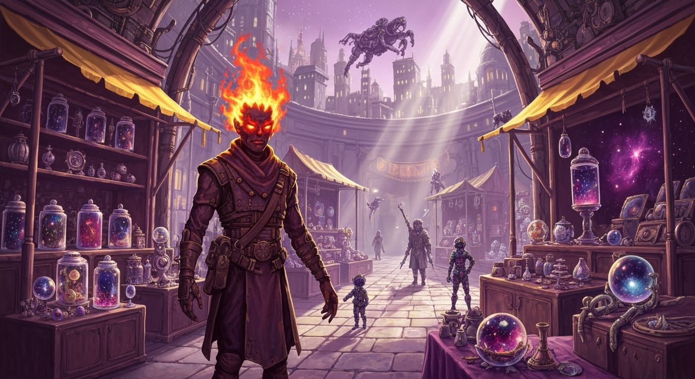 Fire Elemental Shopkeeper in Microgravity Bazaar