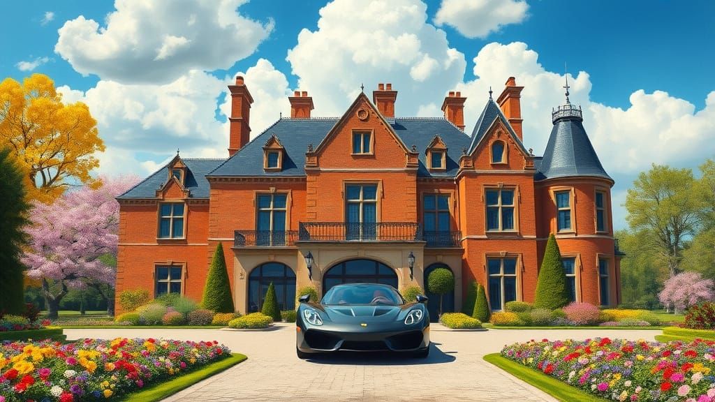 Grand Chateau with Supercar Amidst Vibrant Garden