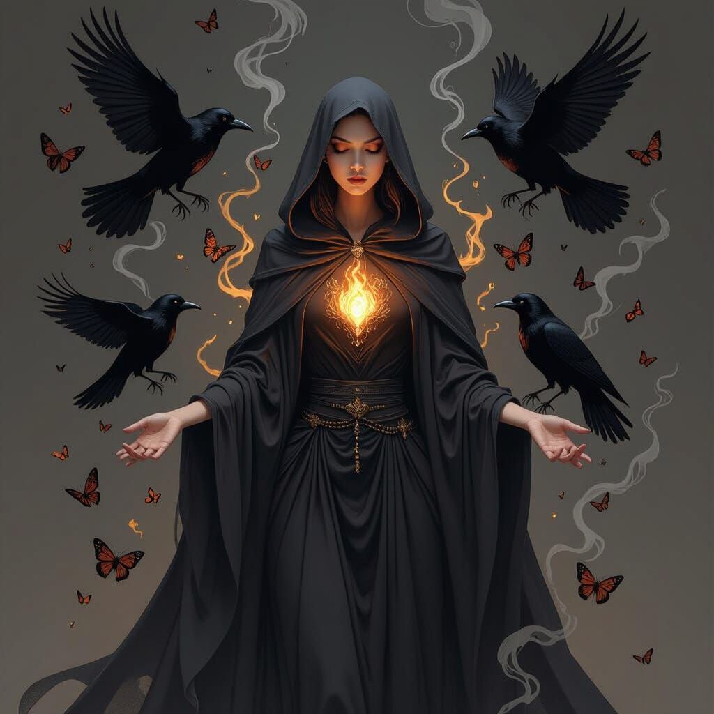 Mystic Woman Cloaked in Smoke and Ravens