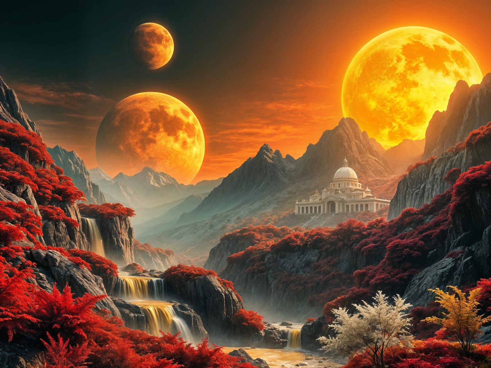 Exotic Alien World with Golden Waterfalls