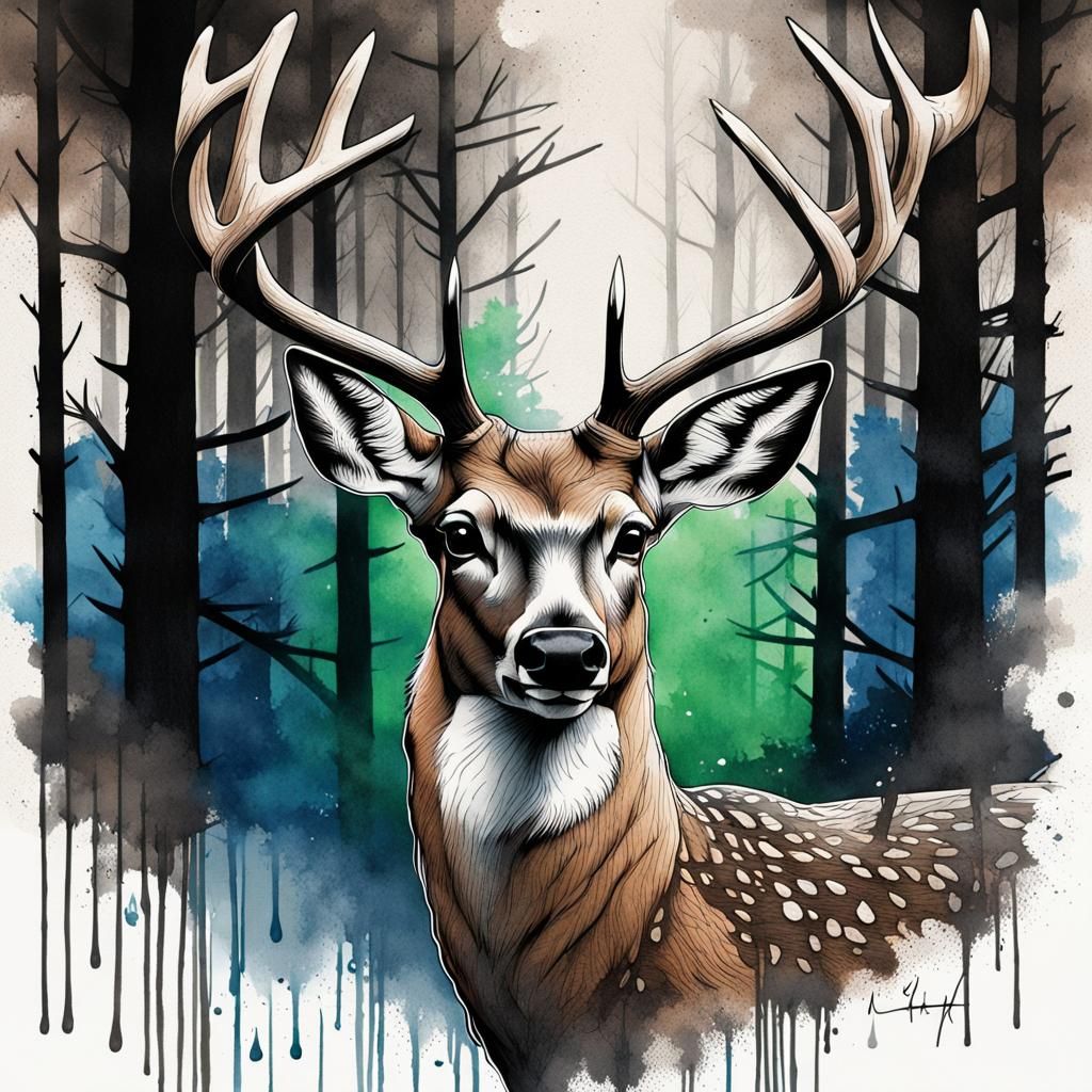 Detailed Whitetail Deer in Forest, Mixed Media Art