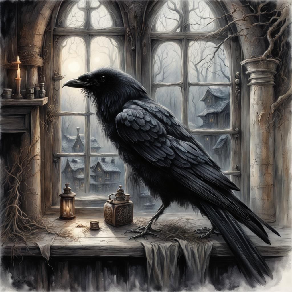 Raven on Witch's Window in Dark Fantasy Style