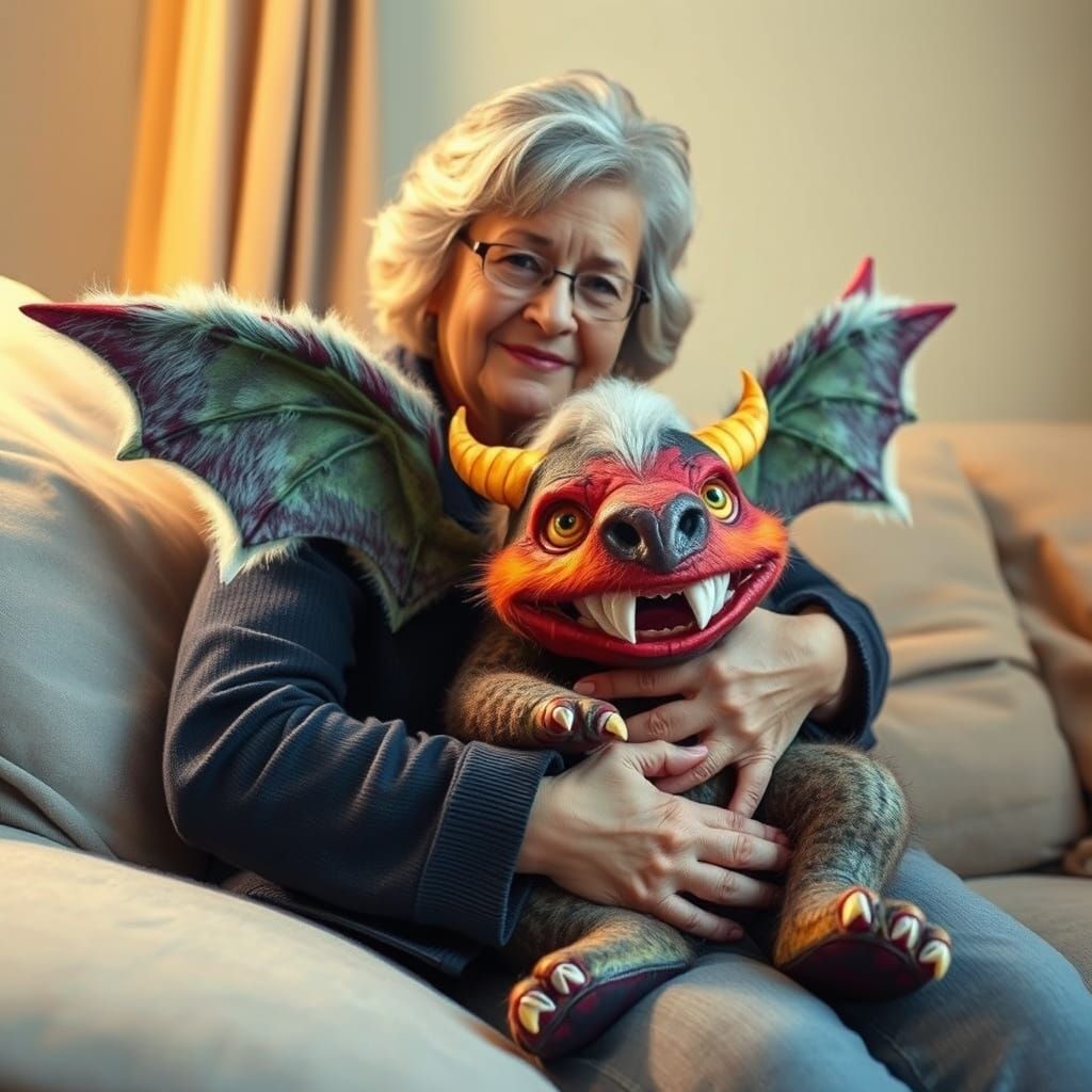 Whimsical Woman Embraces Her Mythical Pet in Dreamlike Setti...