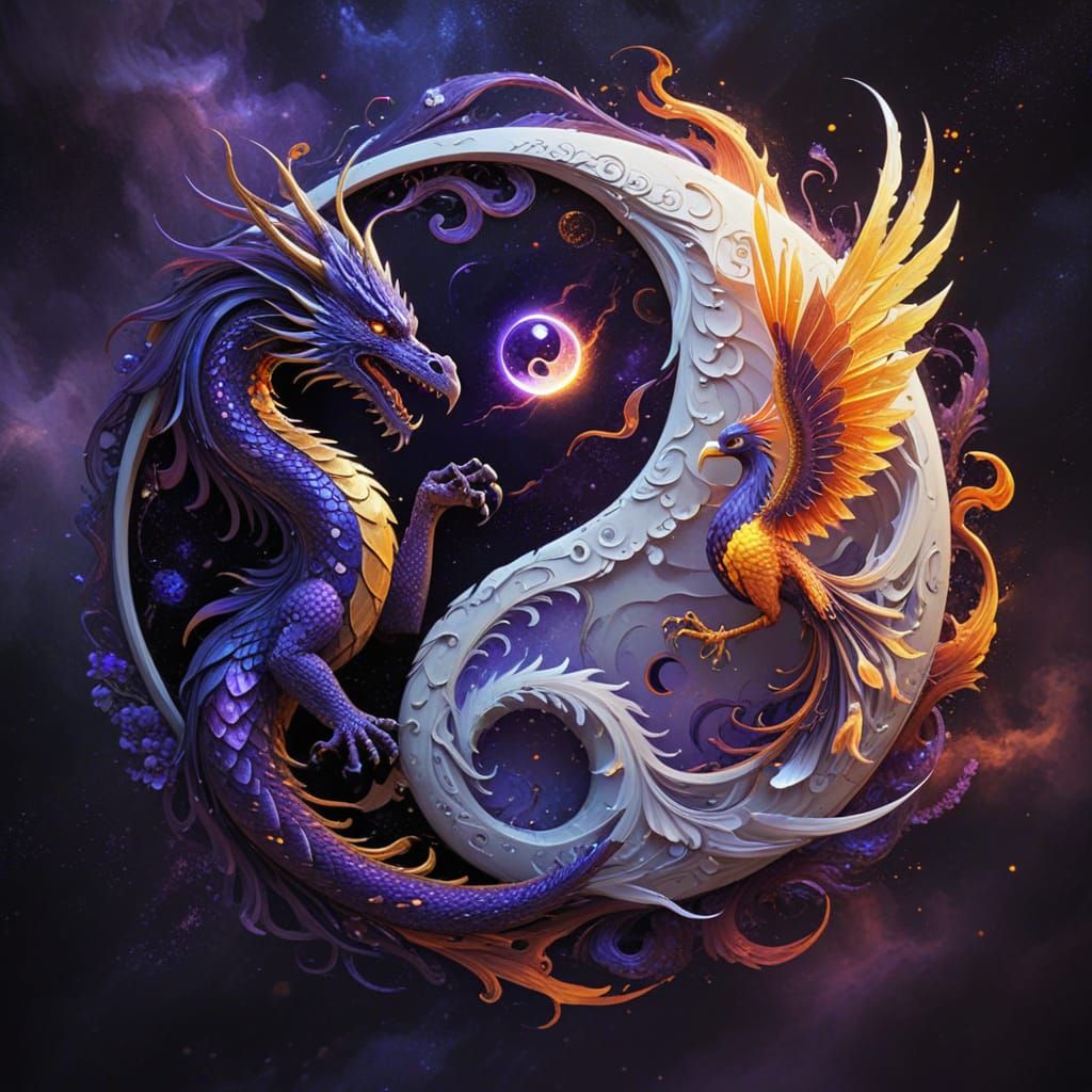 Yin Yang with Purple Dragon and Phoenix in Cosmic Style