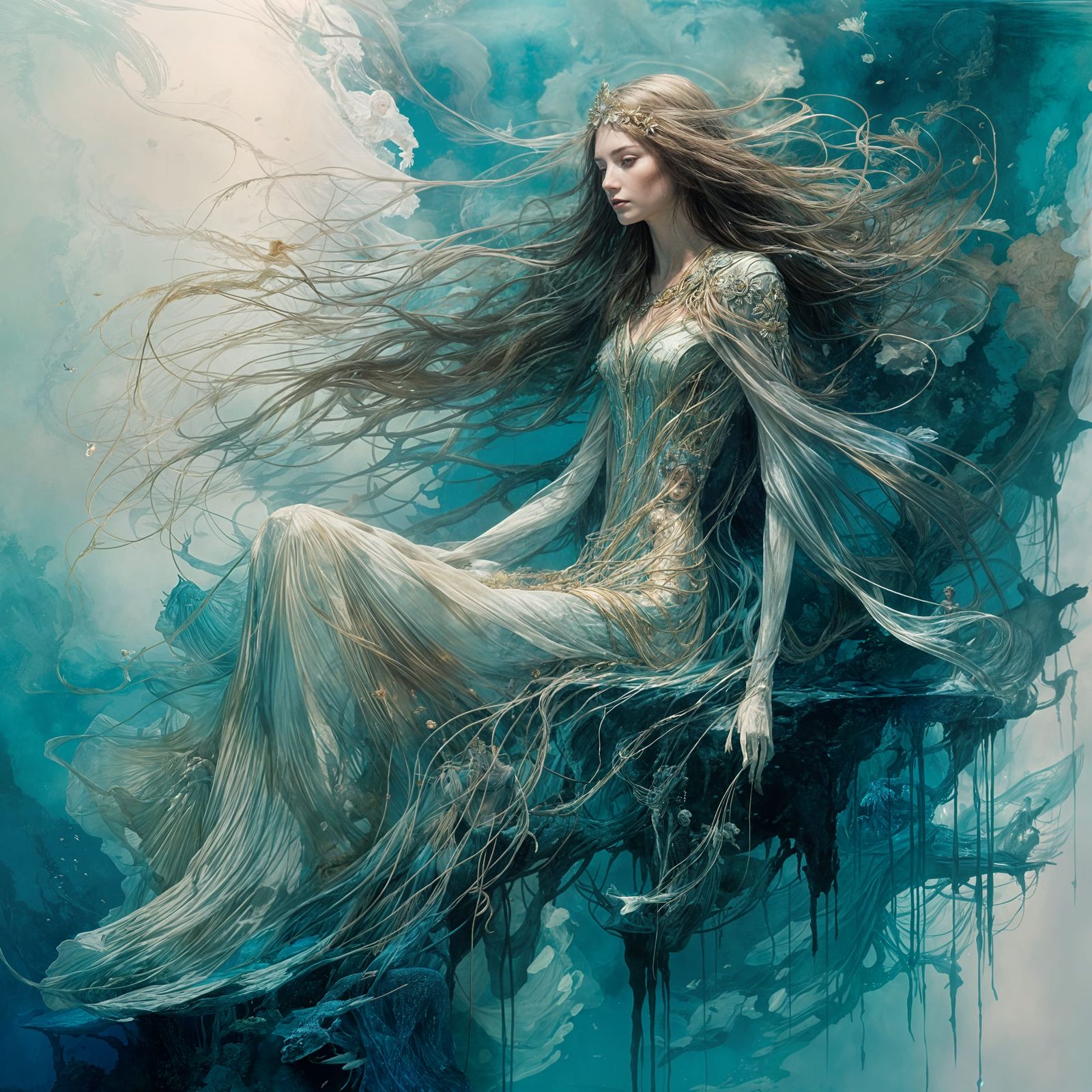 Underwater Queen on Bioluminescent Throne: Watercolour Paint...