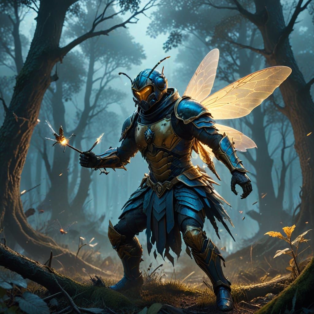 As darkness falls, fairy in shadowy armor clashes with warriors
