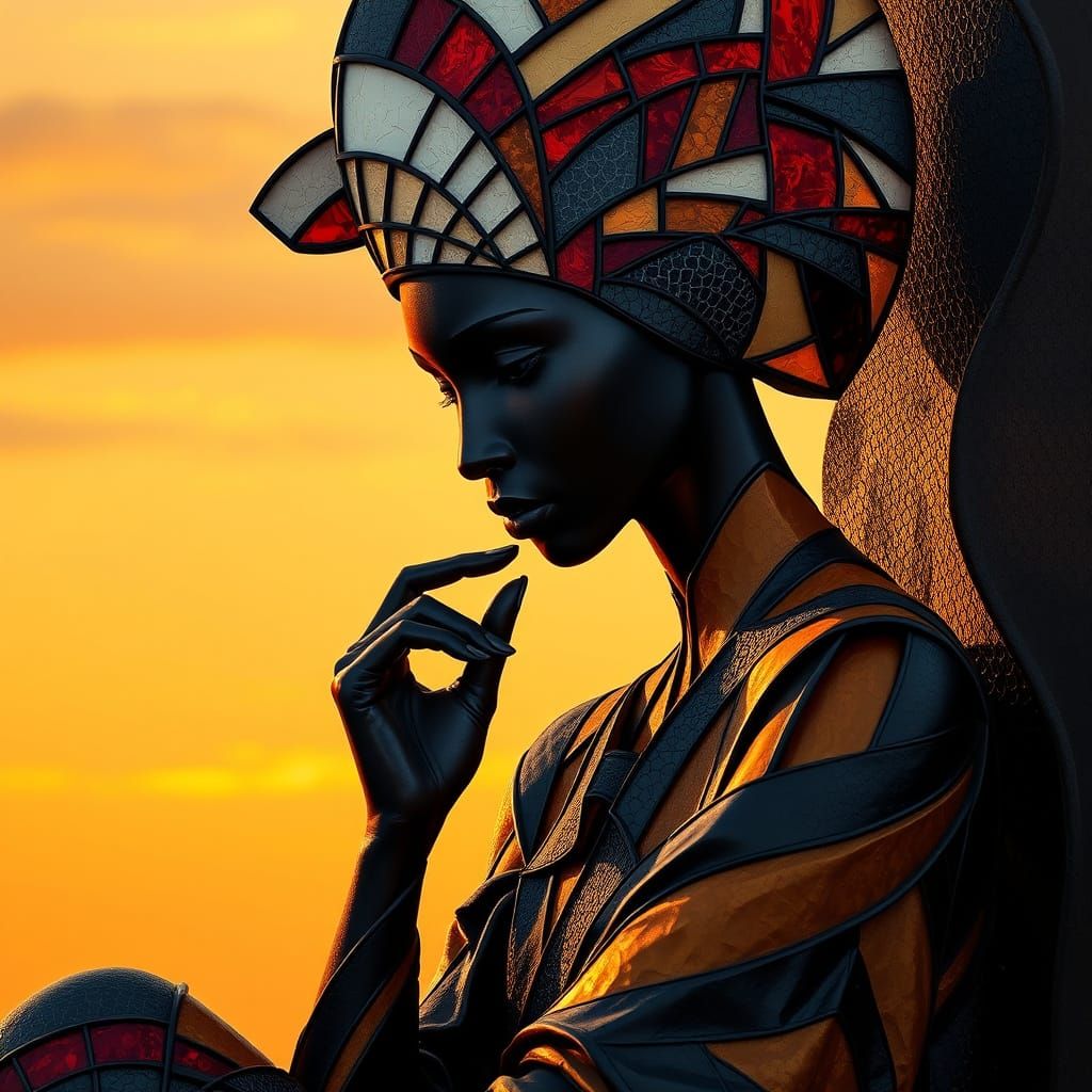 Stylized Dark Skinned Figure in Contemplative Pose as Sculpt...