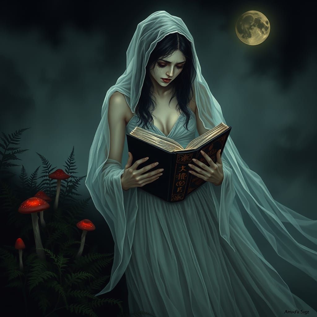Ethereal Banshee in Mournful Attire, Illuminated by Lunar Gl...