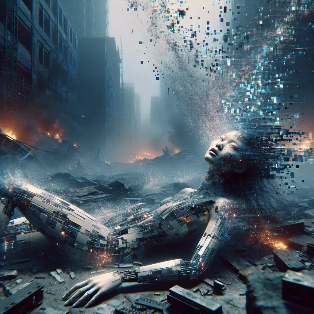 Cyborg Death in Glitch Art Style