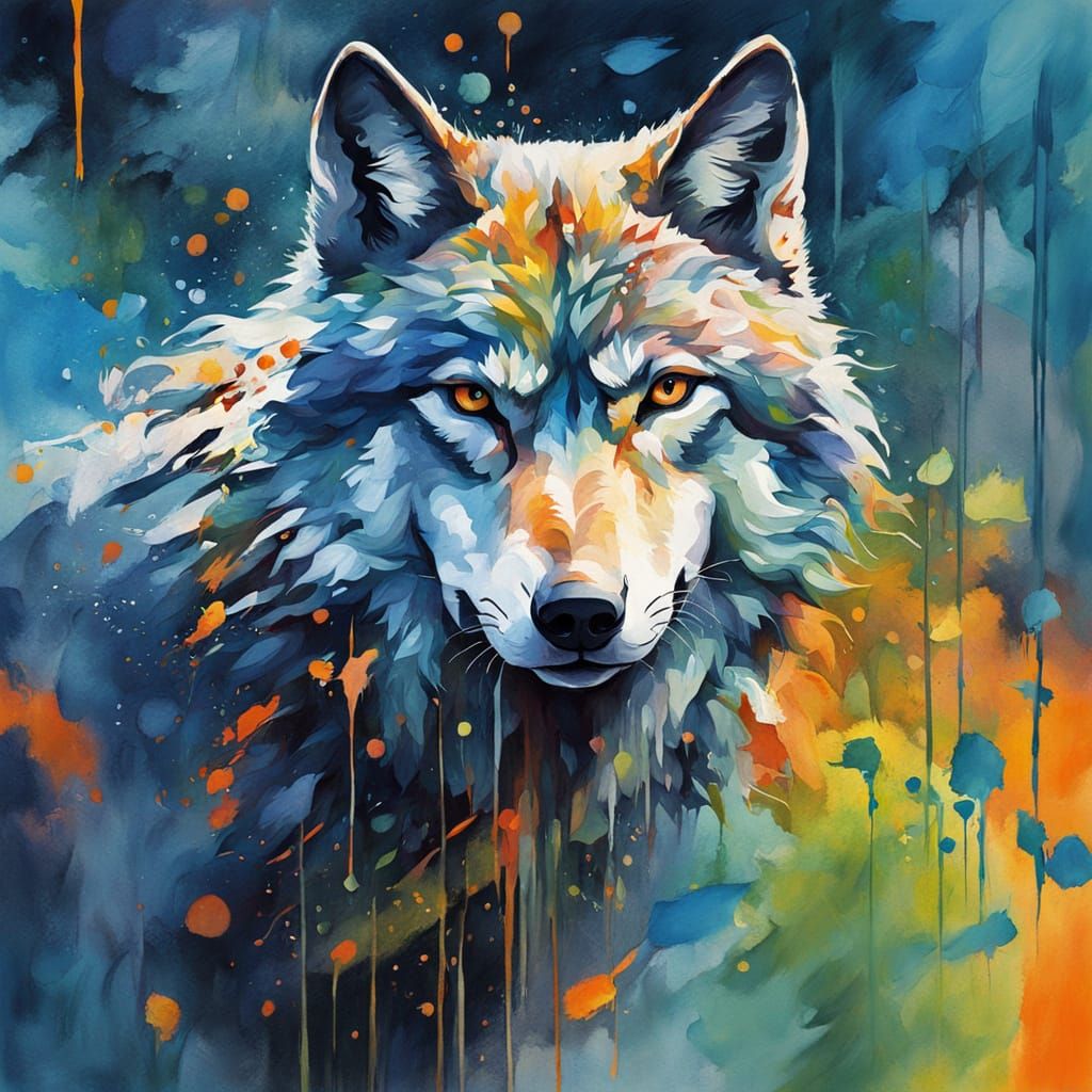 Majestic Wolf in Vibrant Forest Landscape, Gouache Style Imp...