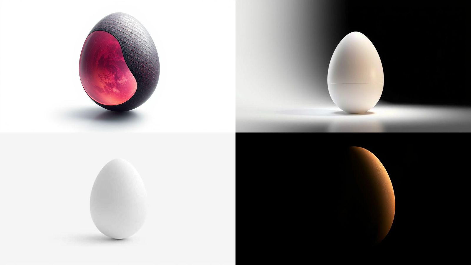 Create a minimalist egg shape with clean, smooth lines and soft shading, placed on a white or black background.