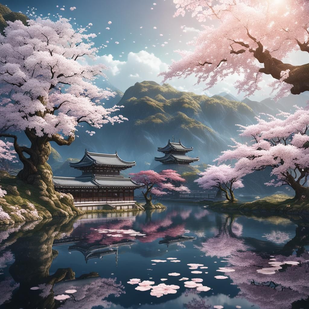 Japanese Cherry Blossoms by Lake: Fantasy Art