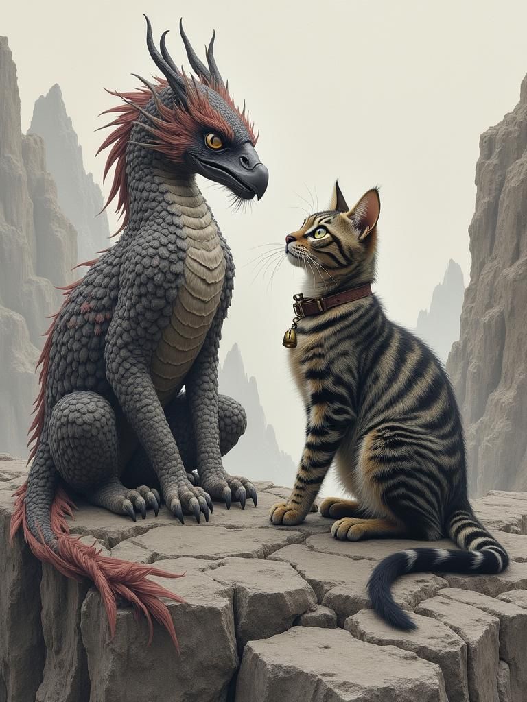 Cat, Crow, and Dragon Conversation: Charcoal Drawing