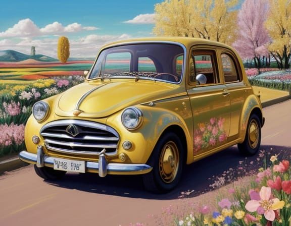 Adorable Golden Car in Surreal Flower Field at Golden Hour
