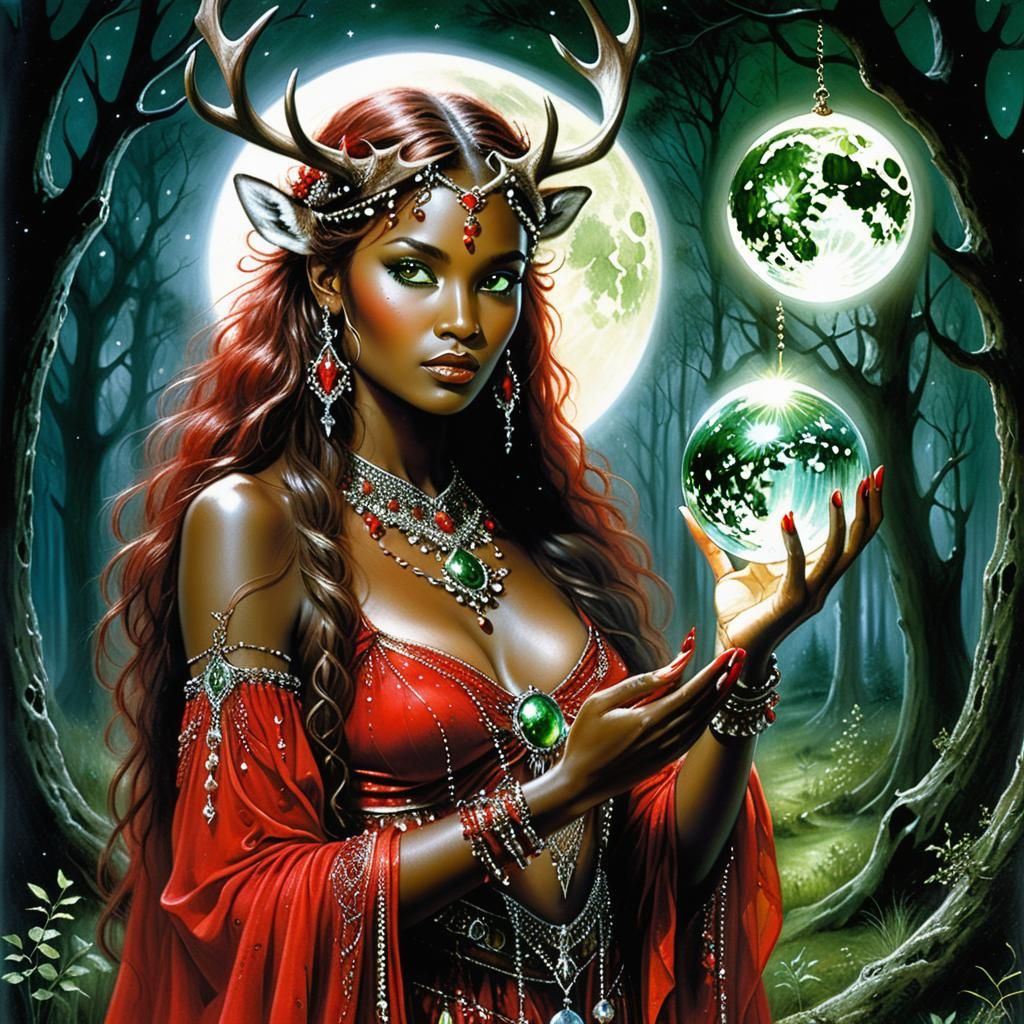 Woman with Antlers in Moonlit Glade, as Oil Painting