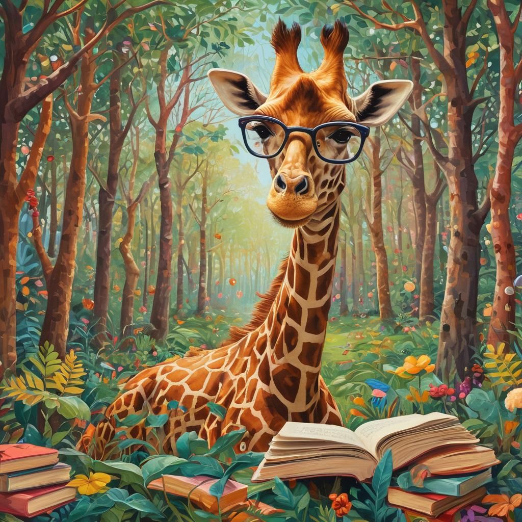 Giraffe Reading in Forest: Whimsical Gouache Illustration