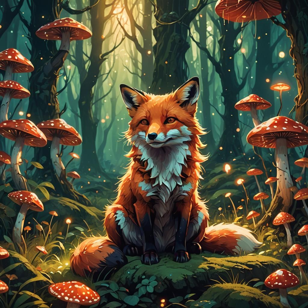 Happy Red Fox in Mystical Forest Concept Art