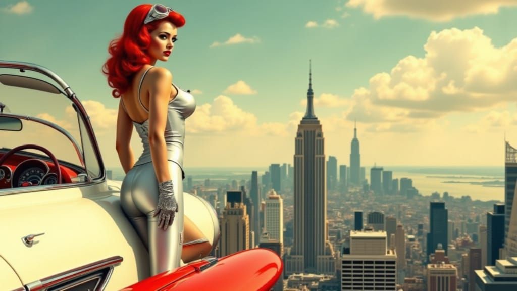 Retro Pin-Up Girl on Rocket in Steampunk Style