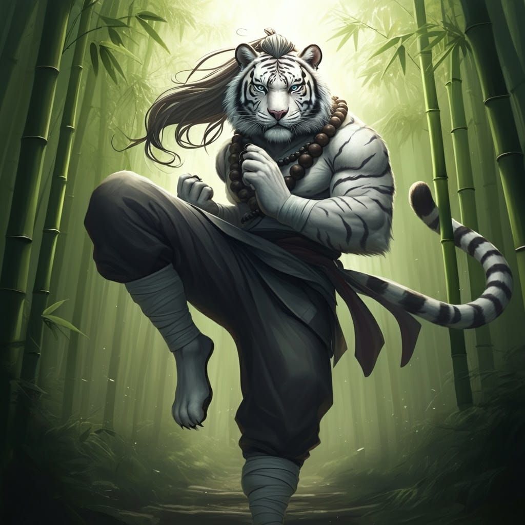 Epic Fantasy Portrait of Agile Monk Tiger in Bamboo Forest