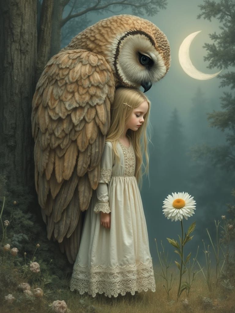 Serene Girl Enveloped by Majestic Owl in Mystical Forest