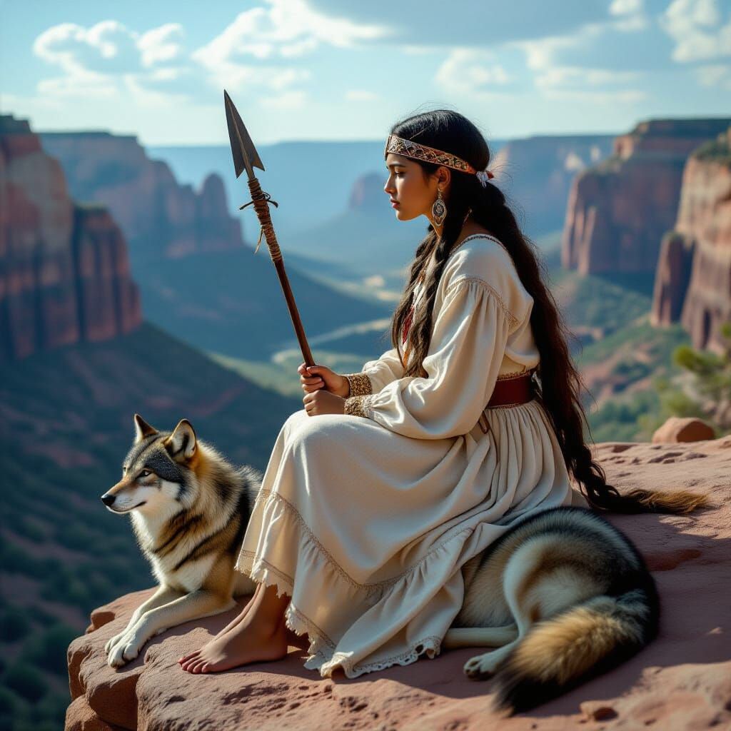 Native American Girl and Wolf on Rocky Ledge