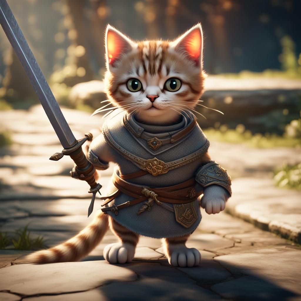 Cat Warrior in Tunic with Sword: 3D Game Art