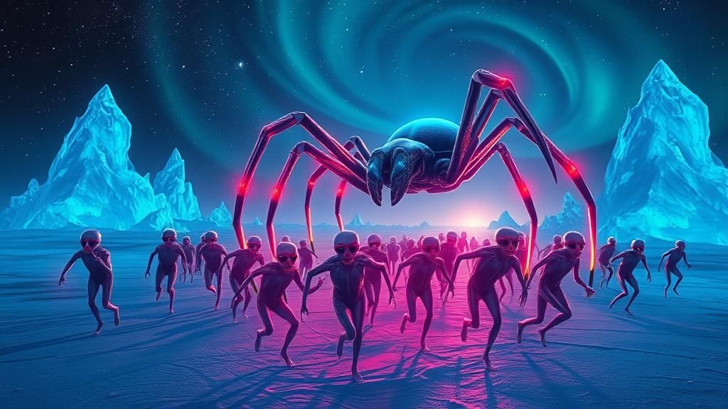 Aliens Fleeing Neon Spider in Magical Surrealism