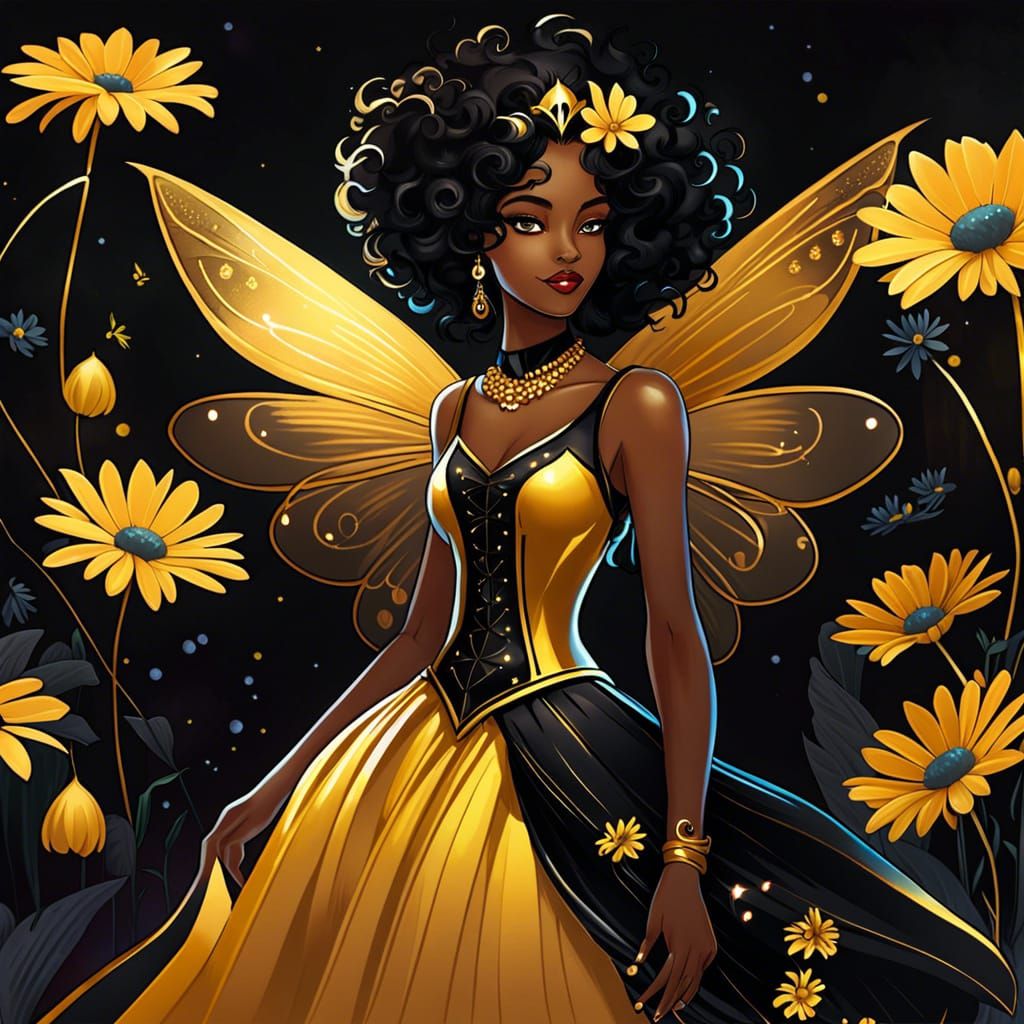 Black Disney Fairy in Golden Dress Fairycore Illustration