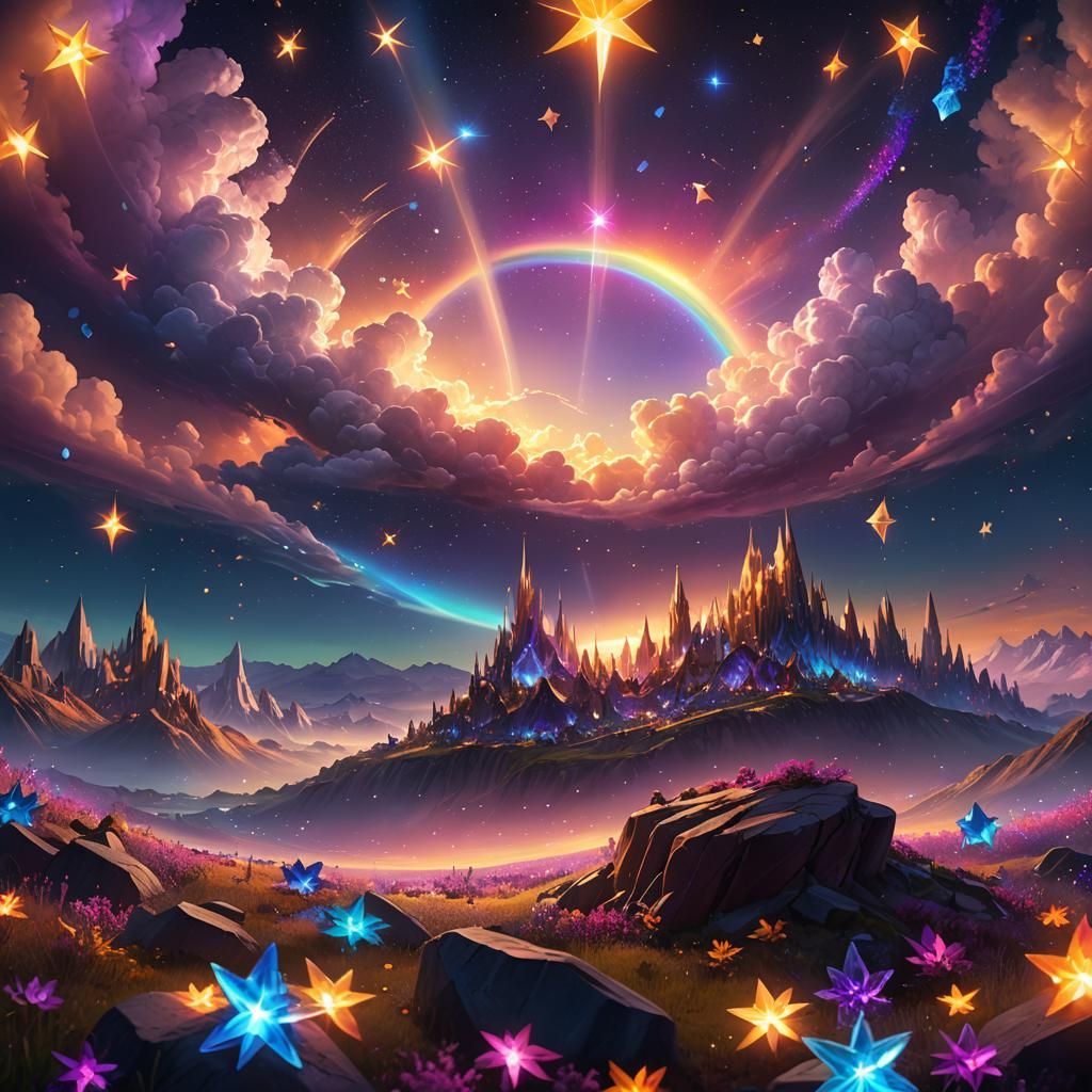 Rainbow Crystal Stars Glow in Fantasy Sky