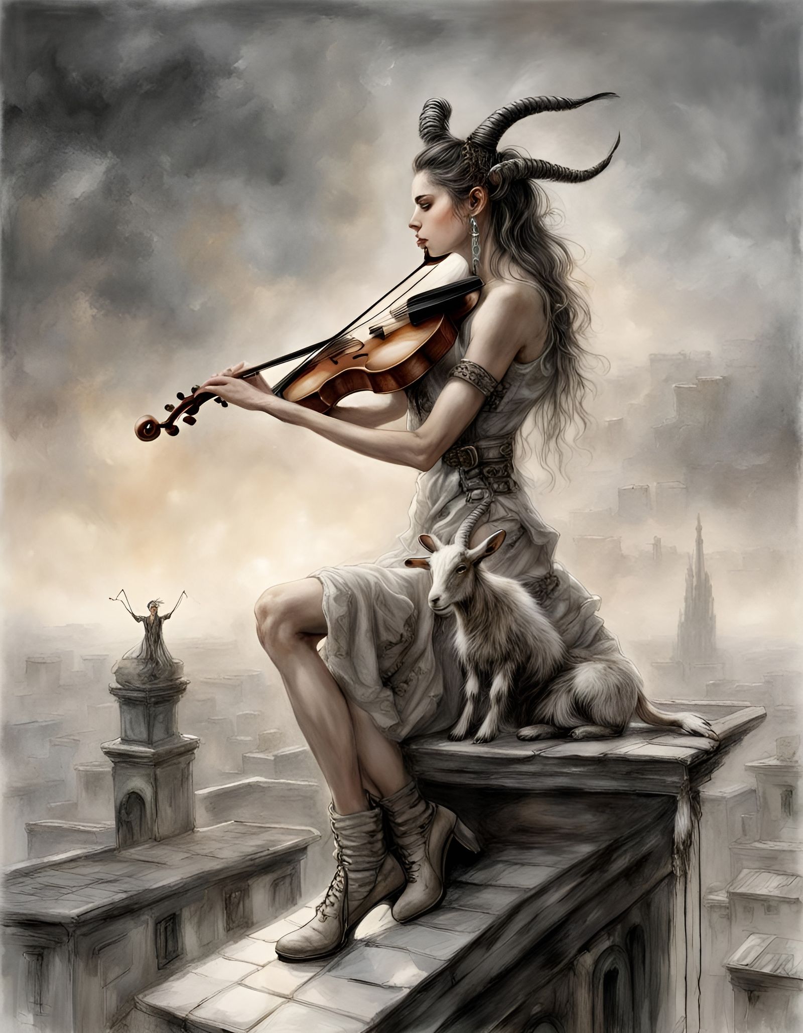 Violinist on Goat Rooftop in Fairytale Style