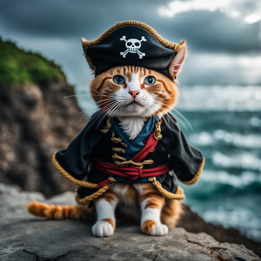 Cat Pirate on Cliff Overlooking Stormy Ocean