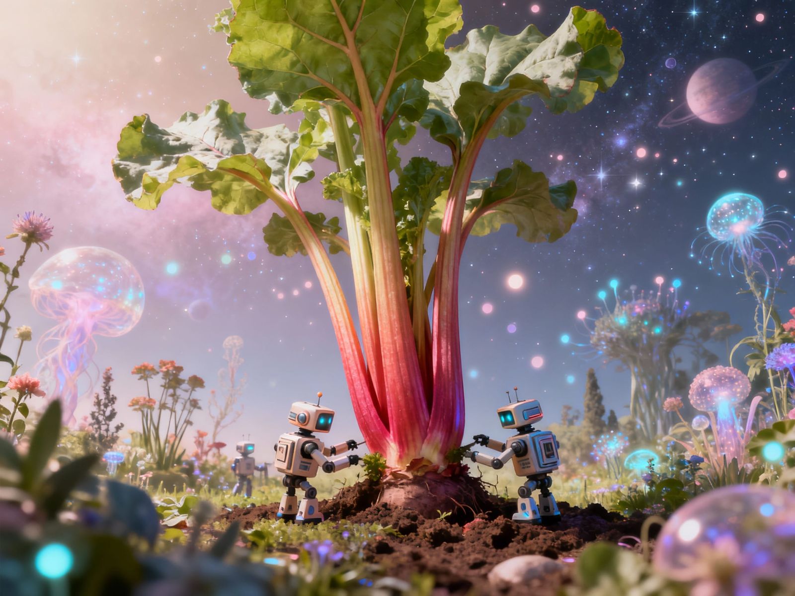 Whimsical Cosmic Garden with Giant Rhubarb and Retro Robots
