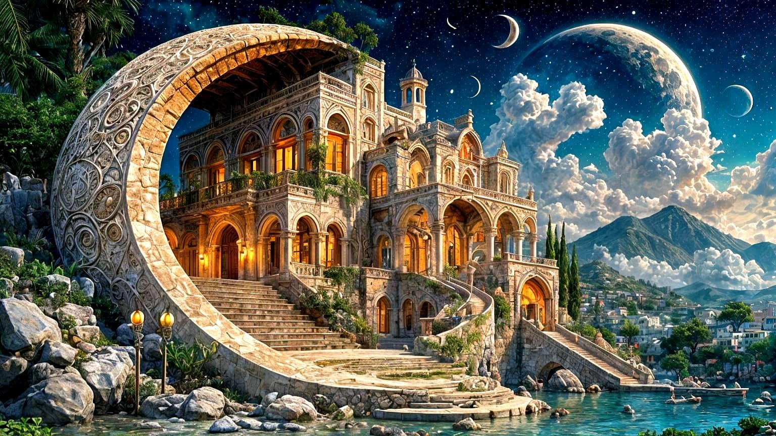 Mediterranean Fantasy Villa Village Artwork in Crescent Moon