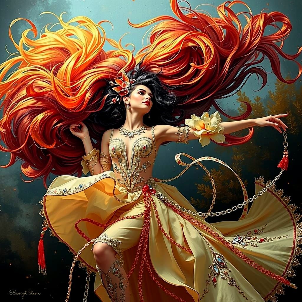 Glamorous Dancer in Haute-Couture with Shimmering Hair